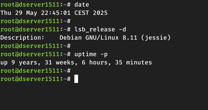 Still running strong — Debian GNU/Linux "Jessie", 9 years and 31 weeks of uptime